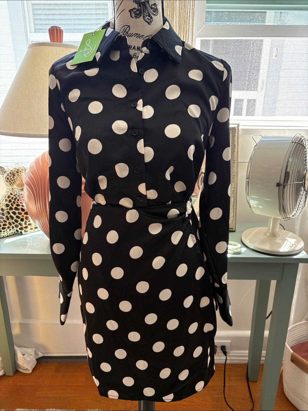 Silky Sam Edelman Black and White Polka Dot Long-Sleeve Shirt Dress